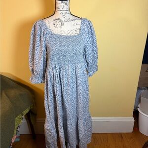 Madewell Smocked Floral Midi Dress Square Neck Puff Sleeve Blue White Size Large